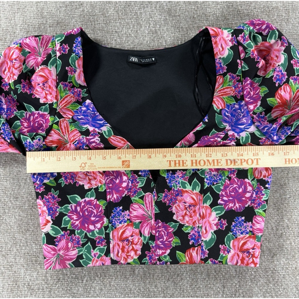 Zara Floral Crop Top Puff Sleeve Sweetheart Neckline Black Multicolor Women's S - Picture 5 of 6